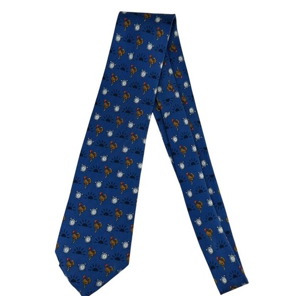 Hermes Luxury Tie Men's Rooster Crowing Clock Pattern Blue Brown 100% Silk - Picture 1 of 6